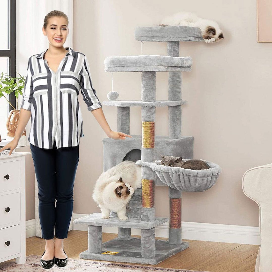 Arbre à chat de luxe en bois naturel – 140 cm-Gris miniature 6