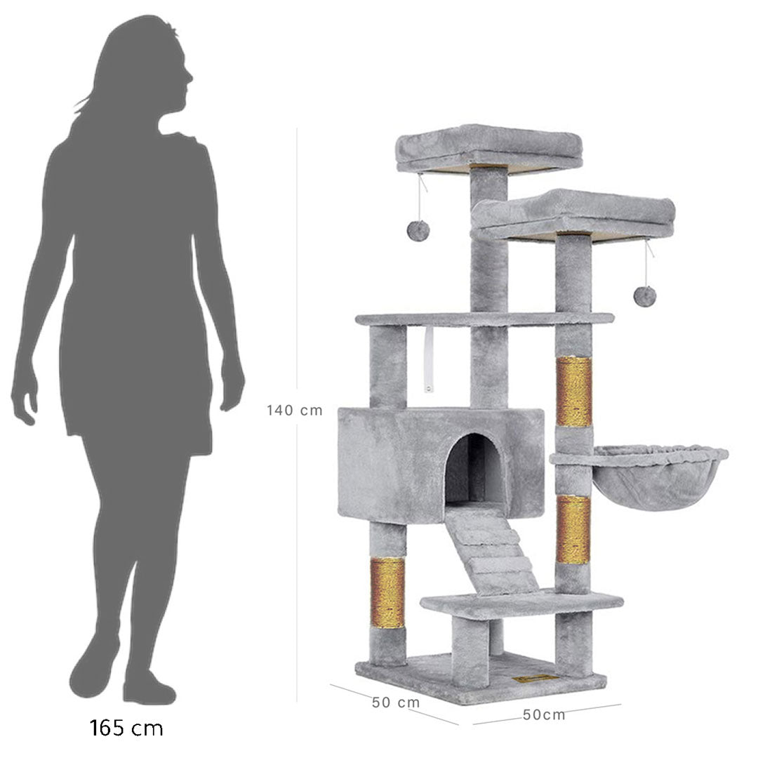Arbre à chat de luxe en bois naturel – 140 cm-Gris miniature 5