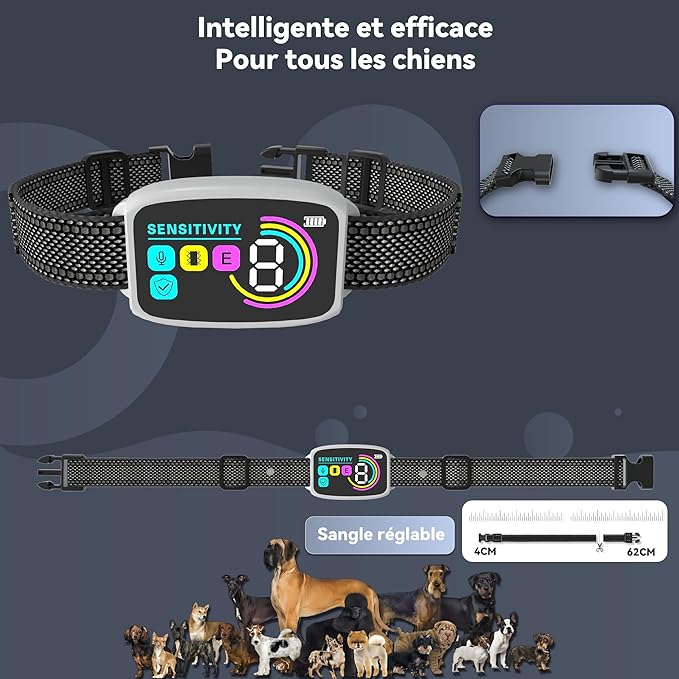 Collier Anti Aboiement Chien Automatique,Modes Vibration/Choc Statique/Son,8 Niveau d'intensité Réglables,Rechargeable pour Gros Petit Chiens,Blanc miniature 3