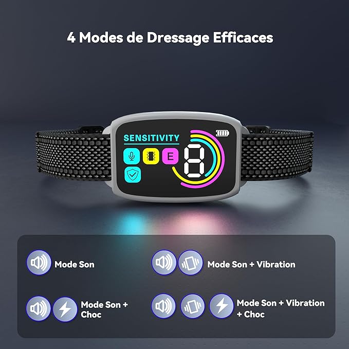 Collier Anti Aboiement Chien Automatique,Modes Vibration/Choc Statique/Son,8 Niveau d'intensité Réglables,Rechargeable pour Gros Petit Chiens,Blanc miniature 2