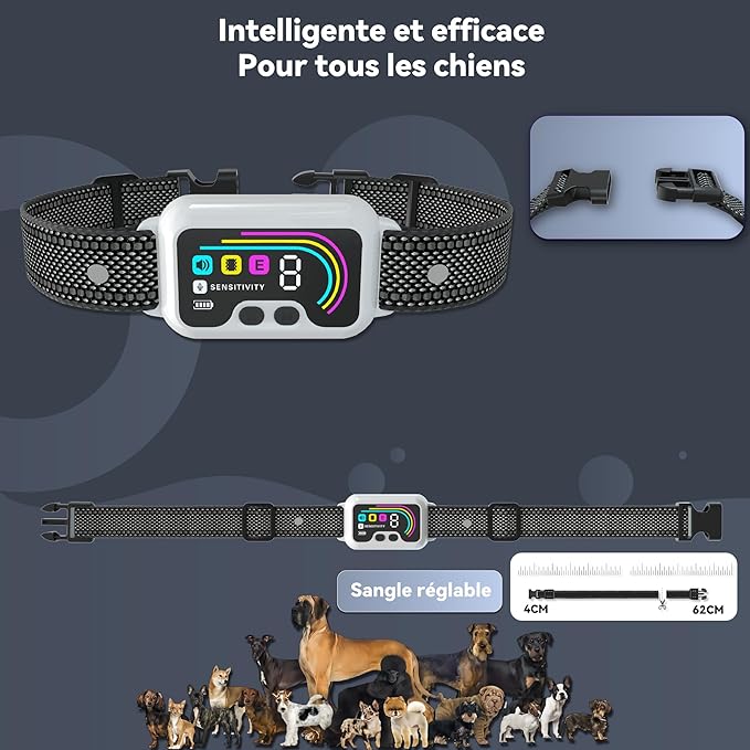 Collier Anti Aboiement pour Chien,3 Modes Son/Vibration/Choc Statique,8 Niveau d'intensité Réglables,IP67 Étanche et Rechargeable pour Gros Petit Chiens miniature 2