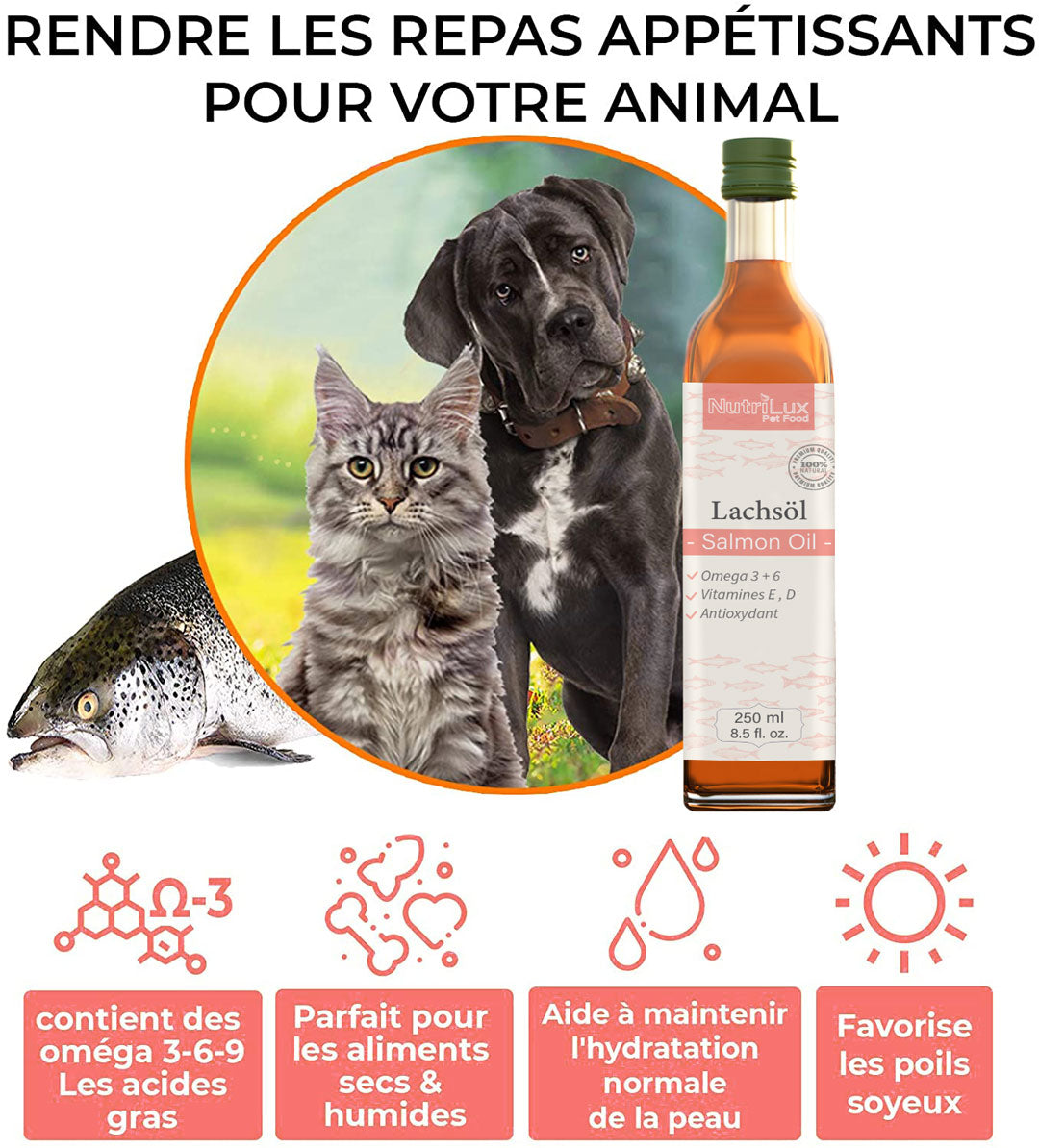 Nutrilux HUILE DE SAUMON BOUTEILLE 250ML POUR CHAT& CHIEN miniature 2