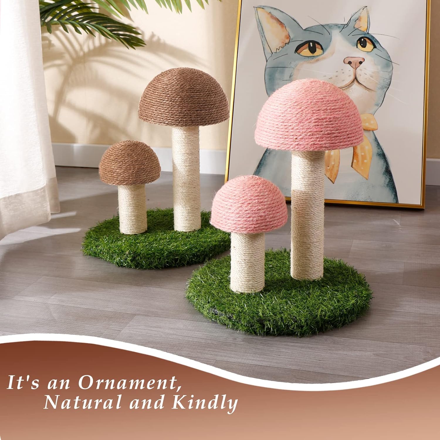 Arbre à chat en sisal naturel avec un adorable motif de champignon thumbnail 2