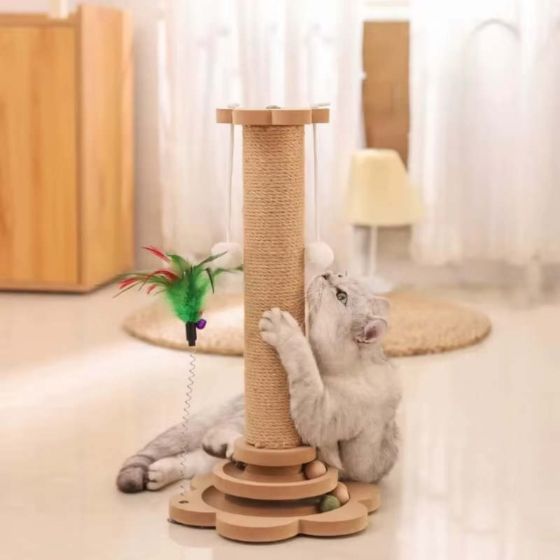 Jouet pour chat en bois avec griffoir en sisal et plateau tournant thumbnail 2