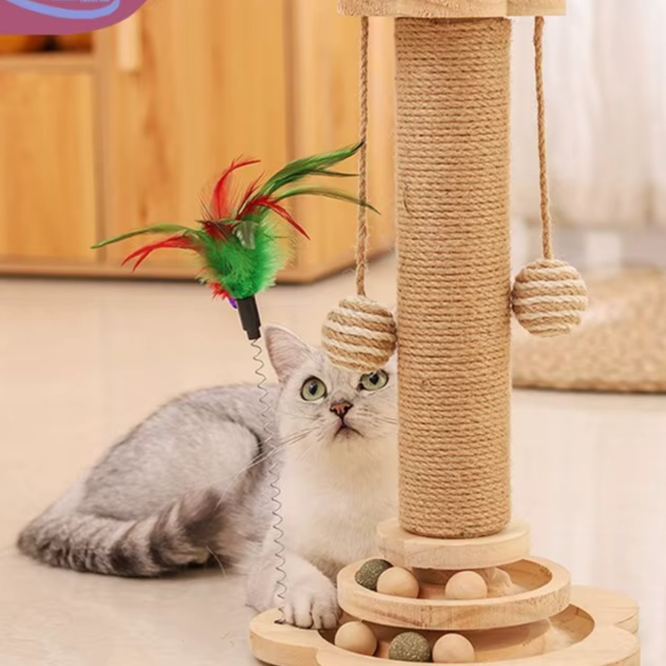 Jouet pour chat en bois avec griffoir en sisal et plateau tournant thumbnail 3