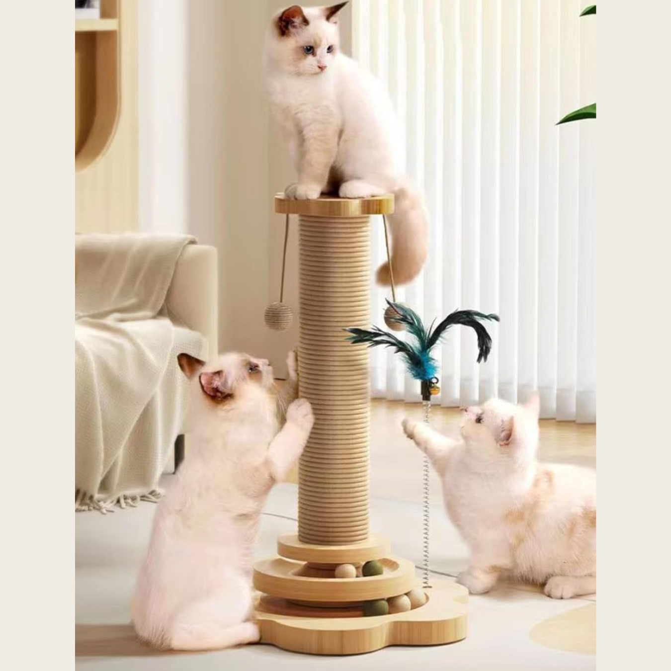 Jouet pour chat en bois avec griffoir en sisal et plateau tournant thumbnail 7